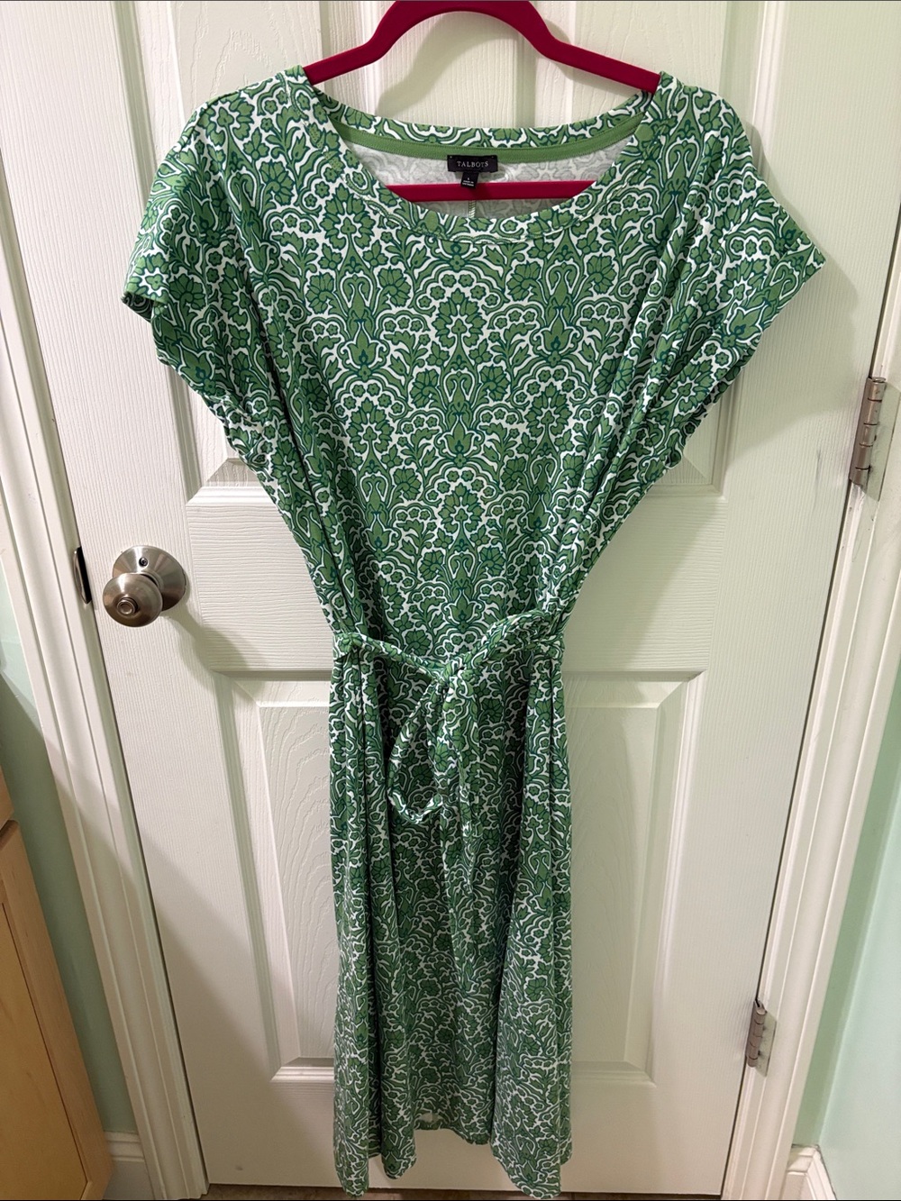 Talbots Green and White Printed Tie-Front Midi Dress
